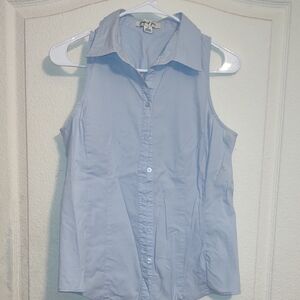Blue Sleeveless Button Down Shirt with Notched Collar